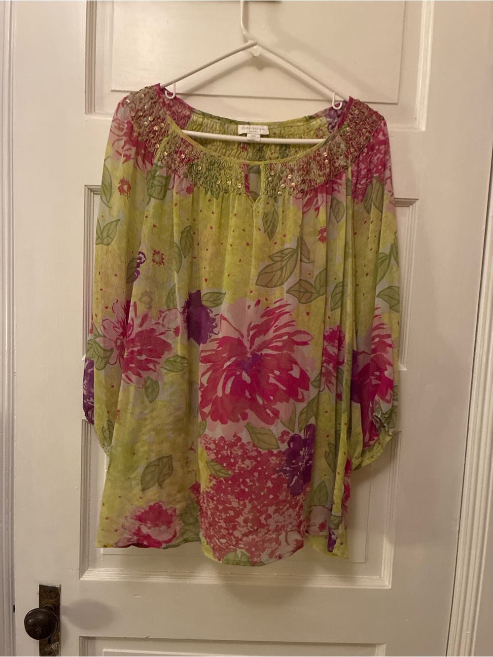 Charter Club Pink & Lime Floral Peasant Blouse
